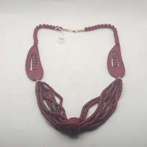 Burgundy Multi Strand Wooden Bead Statement Bib Necklace Boho India Artisan